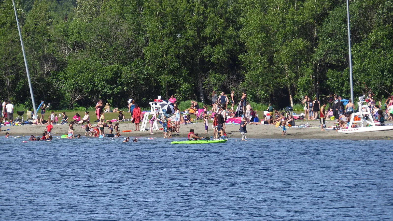Badande vid en sjöstrand en sommardag (illustration)