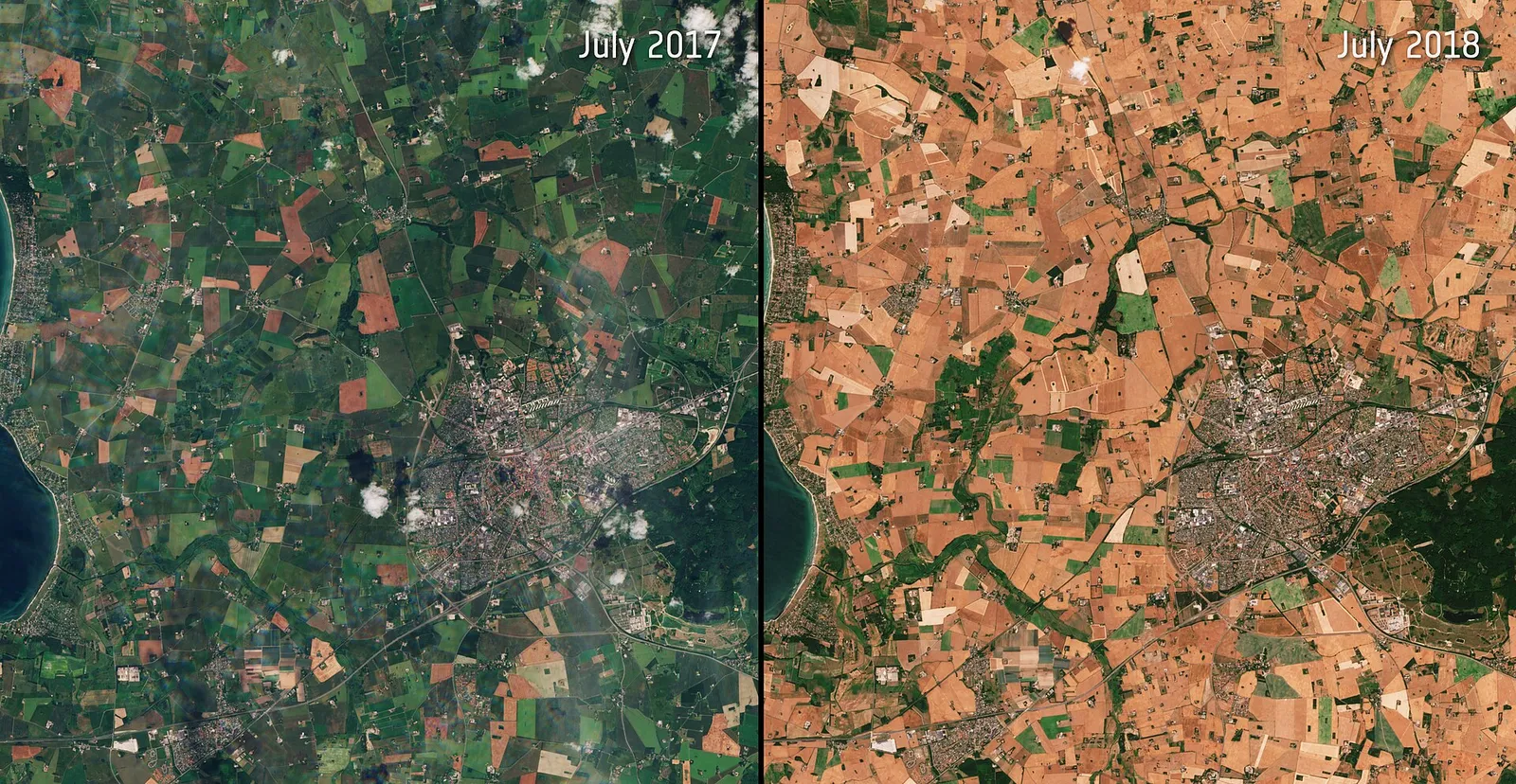 Satellitbild över torrt, soldränkt landskap i Nordeuropa under en värmebölja