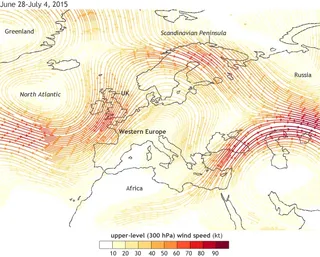 Illustration av en omegablockering – det Ω-formade vindmönstret (NOAA, exempel från 2015)
